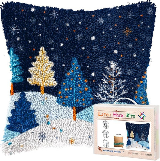 DIY Latch Hook Pillow Kits for Adults Merry Christmas Winter Snow Pine Tree Pillow Cover Printed Pillowcase Crochet Yarns Hooking Handmade Cushion for Home Sofa Decoration 17x17inch(5)