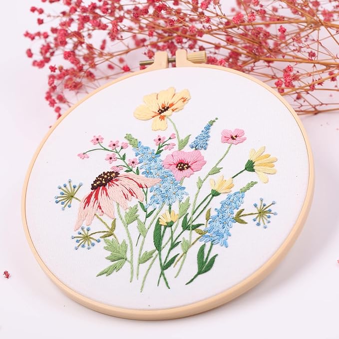4pcs embroidery kits for beginners, including printed embroidery cloth with flower patterns, 2 plastic embroidery rings, 1 pair of scissors, colored threads, needles and an embroidery instructions
