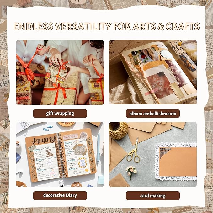 BILLIOTEAM Junk Journal Pages Vintage Handmade Scrapbook Sheets, Including Magazine, Newspaper, Sheet Music and Kraft for Scrapbooking Decoupage Background DIY Craft Decoration 120PCS