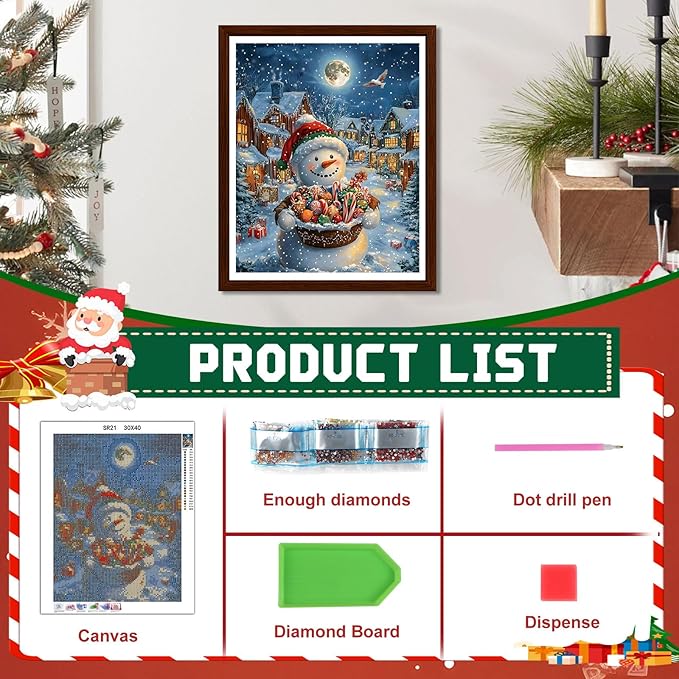 EMIEAUFG Christmas Diamond Art Kits for Adults, Christmas Snowman Candy Diamond Paiting Kit for Beginners, 5D DIY Round Full Drill Craft Diamond Dot Gem Art, Home Wall Decor 12" x 16"