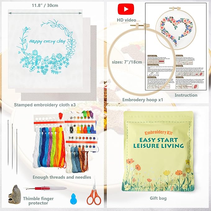 lx lermx embroidery kits for beginners, adult starter cross stitch kit needlepoint complete diy kit with unique patterns, hoop, colorful threads, tools, step by step instructions & video tutorial