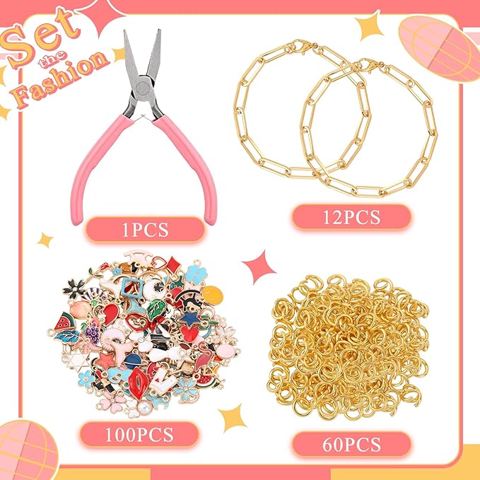 Tondiamo 173 Pieces Charm Bracelet Making Kit for Women DIY Gold Chain Bracelet Jewelry Making Kit for Adult 100 Assorted Charms Pendants 60 Jump Rings Pliers Tools for Crafts Beginner Supplies Gift