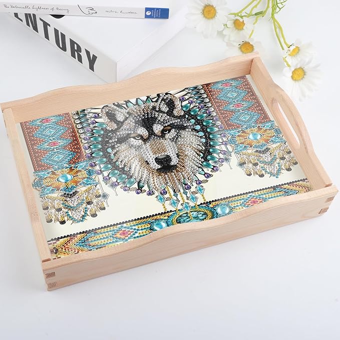 DIY Diamond Art Tray with Handle Diamond Art Painting Plate Creative Design Handmade Wooden Tray Mosaic Making Kits by Number Kits Diamond Art for Coffee Living Room Home Organizer (Dreamcatcher Wolf)
