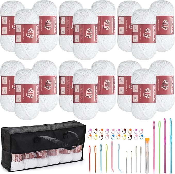 LUNARM 18 Skeins Chenille Yarn for Crocheting, Handmake Weaving Thick Soft Chunky Yarn for Blankets Clothes Crochet Craft with Crochet Hooks Needles Stitch Markers,3.53oz/Skein(White)