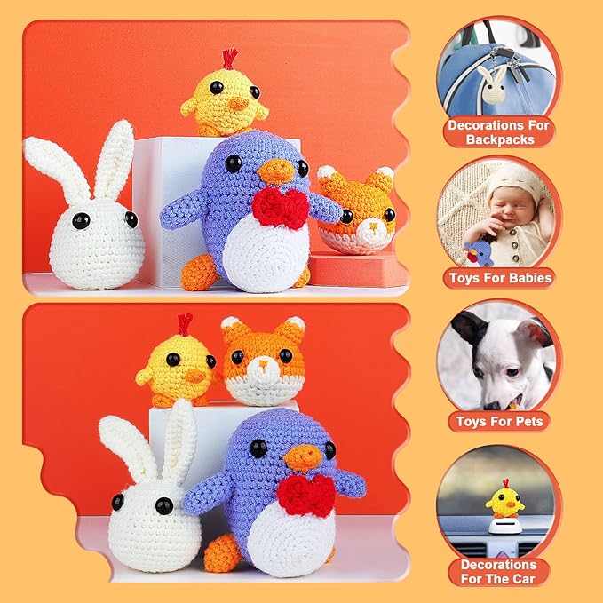 coopay crochet kit for beginners: 4 in 1 crochet animal kit - penguin, chick, rabbit & fox, crochet set beginner crochet starter kit for adults, learn to crocheting knitting kit includes instructions