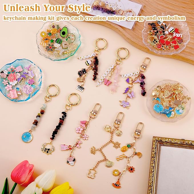 TOHONGADON 674 Pcs Lip Gloss Charms, Keychain Making Kit, Bag Charm Kit with 3 Kinds of Crystal Stones, 322 Charms, 12 Keychain Clips, Key Ring Jewelry Plier, Extender Chain for DIY Crafting