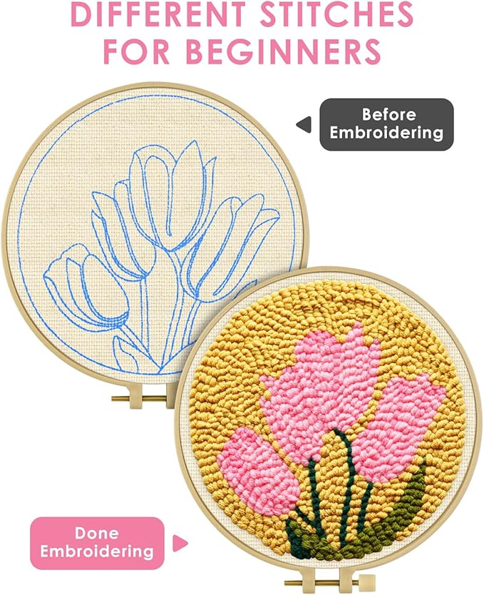 TINDTOP Punch Needle Embroidery Kits, Tulip Punch Needle Kits for Adults Beginner, Tool with Punch Needle Fabric, Hoops, Yarns and Sewing Needles