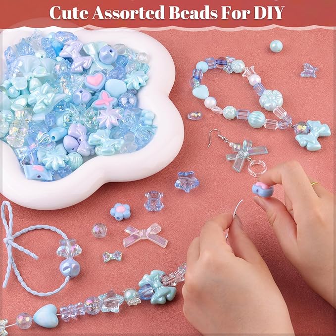 200-260PCS TINKRSTUFF Assorted Acrylic Beads Blue Cute Beads for Bracelet Making,Bow Aesthetic Star Flower Butterfly GummyBear Round Kawaii Charms for Jewelry Necklace Making DIY Keychain Phone Charm