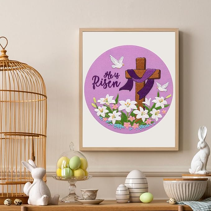 Nuberlic Lily Pattern Embroidery Kits for Beginner Adults, Cross Stitch Starter Kit with Embroidery Hoop Needles Threads Instruction -Easter Jesus
