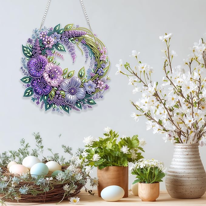 Eiflow Spring Diamond Art Hanging Kit for Adults, DIY Diamonds Painting Door Hanging Board Kit, Special Crystal Diamond Art Painting Pendant Ornament (Flower Wreath)