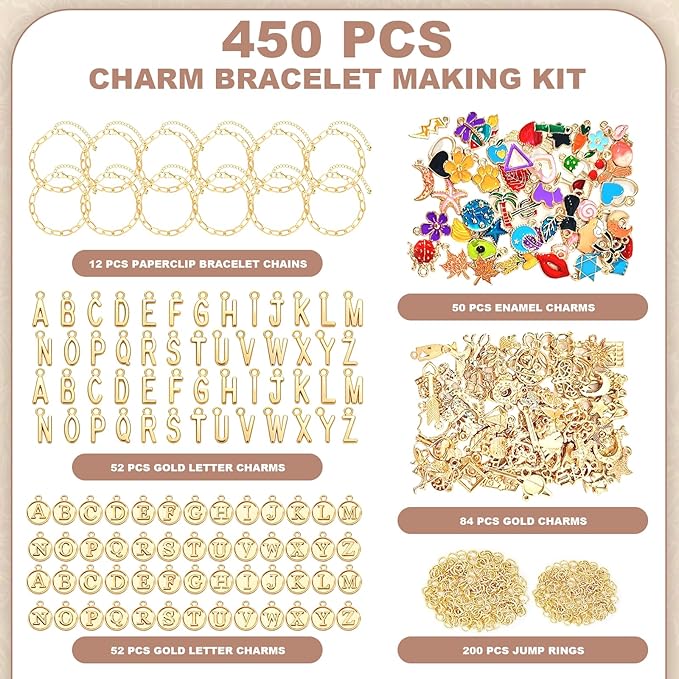 450 PCS Charm Bracelet Making Kit for Women, Jewelry Making Kit Including Paperclip Chain Bracelet, Assorted Charms Bulk, Letter Pendants, Jump Rings for Bracelet Making,DIY Crafts Supplies