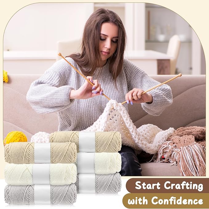 Syhood Knitting Kits for Beginners Adults Hat Knit Kit with Yarn, Bamboo Needles, Faux Pom Practical and Easy to Use Complete Beginners for Women and Men Lovely Present(White, Khaki White, Khaki)