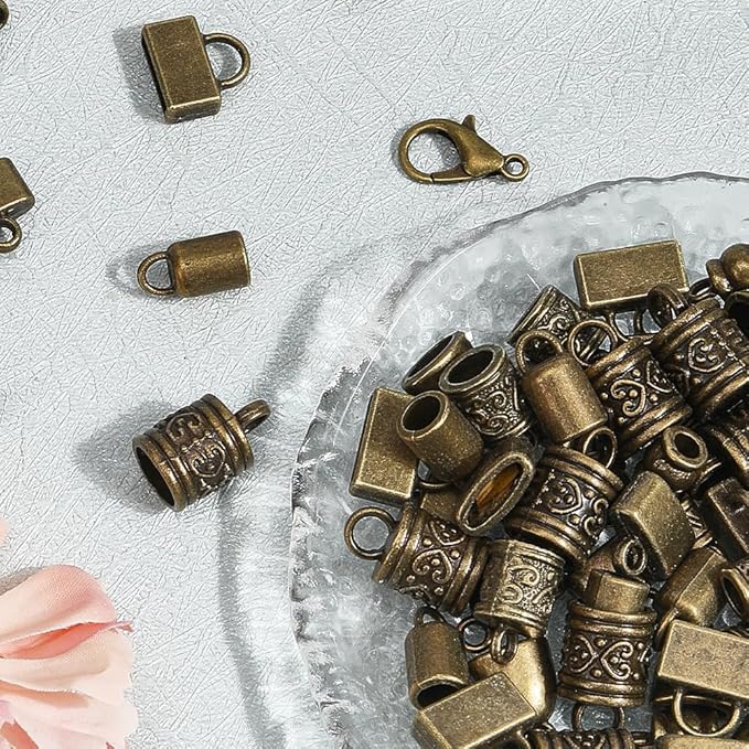 SUNNYCLUE 1 Box 230pcs Cord End Caps Kit Kumihimo Ends Alloy Metal Tibetan Style Antique Bronze Tassel Glue in Crimp Leather End Caps for Jewelry Making Kit Bracelet Kumihimo Supplies Gifts Craftings