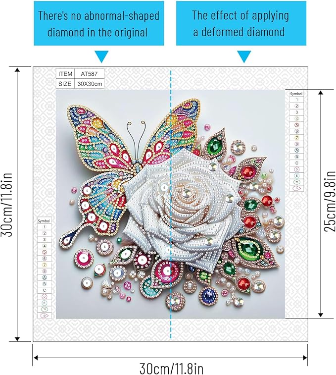5D Special Shape Diamond Art Kits for Beginners, Diamond Painting Kits for Adults, Crystal Rhinestones Diamond Painting for Home Wall Decoration Gift 12×12 inch/30×30 cm, Butterfly and White Rose