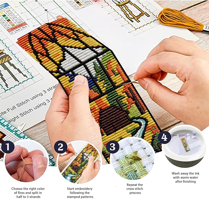 ACRNIGHEET 6PCS Cross Stitch Kits Stamped Cross Stitch Bookmark Kit for Beginner Adults Window View DIY Embroidery Bookmark Kit Needlepoint Kits with Instructions Book Lovers Craft Gift 8.5''x3'' 11CT