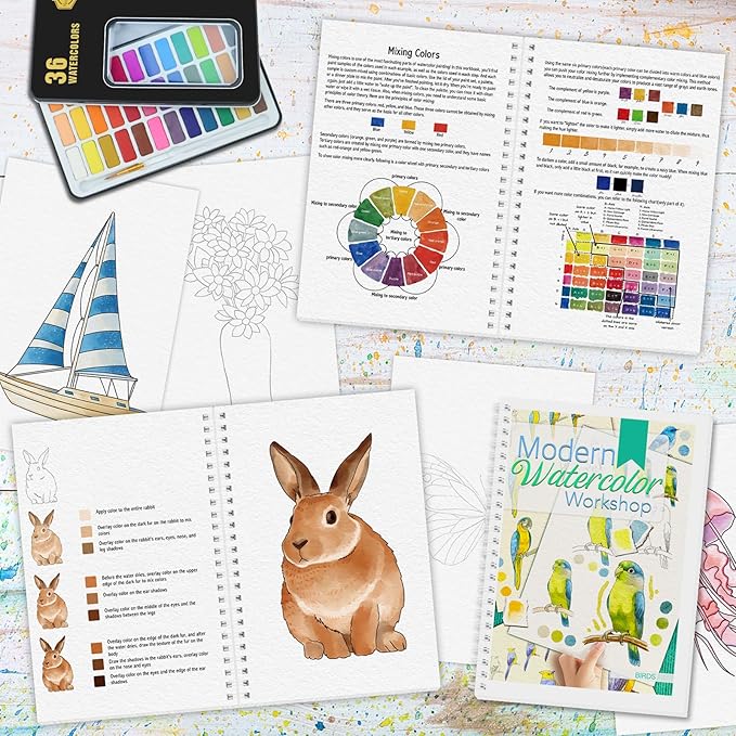5Pcs Watercolor Workbooks with Step by Step for Adults, Water Coloring Book for Beginners with 60 Patterns, Beginner-Friendly Watercolor Workbooks with 36 Paint Colors, Stress - Relieving Gift
