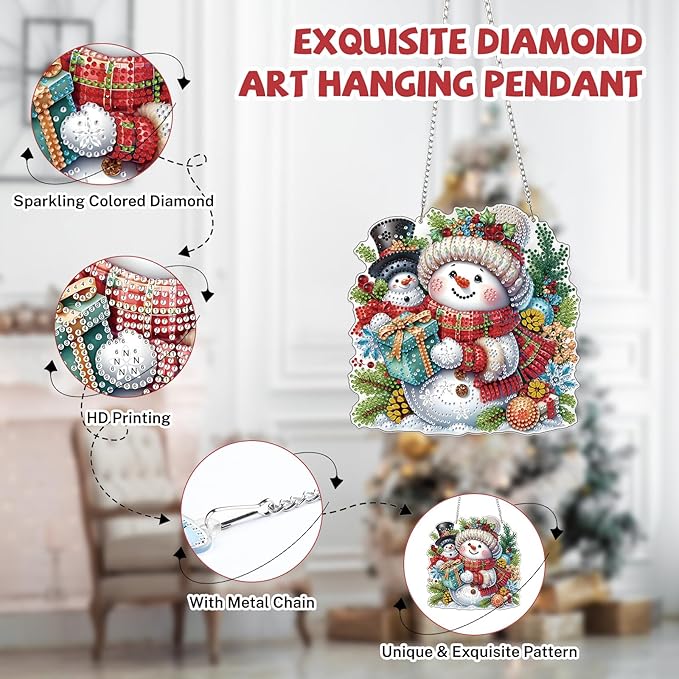 Bowetile Christmas Diamond Art Hanging Kits for Adults, Snowman Diamond Art Suncatchers, 5D Special Shape Diamond Painting Pendant Window Ornament Christmas Gifts for Home Door Wall Decor