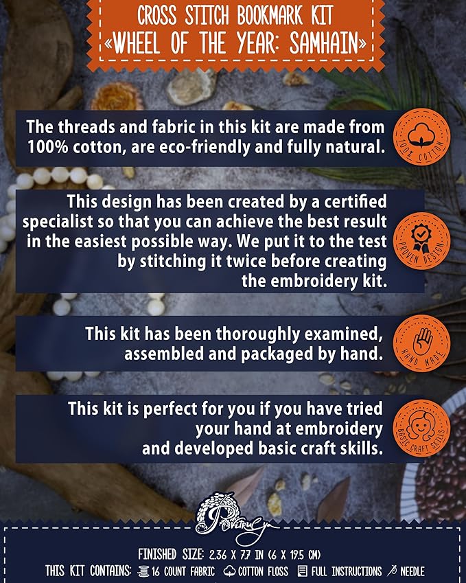 Povitrulya Cross Stitch Bookmark Kit Wheel of the Year: Samhain – Counted DIY Embroidery Set for Adults & Beginners, Witchy Pagan Wiccan Celtic Norse Needlework Gift