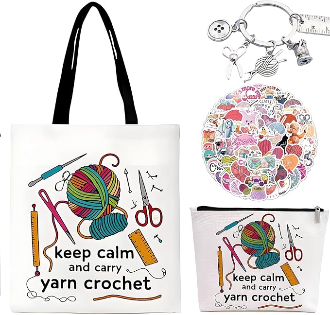 VINTAGE EMBROIDERY V.E. Crochet Gifts for Women - Knitting Lover Gifts Includes Canvas Tote Bag, Make up Pouch, 50pcs Stickers - Perfect Birthday/Christmas Gift for Crocheters