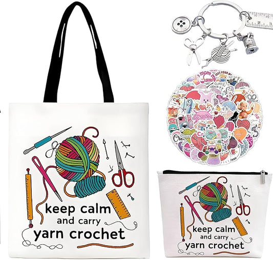 VINTAGE EMBROIDERY V.E. Crochet Gifts for Women - Knitting Lover Gifts Includes Canvas Tote Bag, Make up Pouch, 50pcs Stickers - Perfect Birthday/Christmas Gift for Crocheters