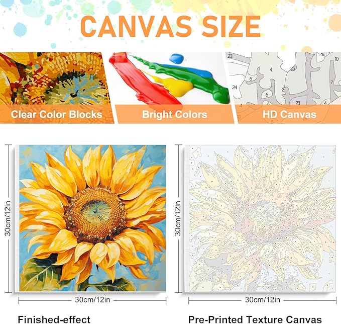 Framed Paint by Numbers Kit for Adults Beginners & Kids Ages 8-12, Sunflower Acrylic Easy Paint by Number with Frame, Watercolor Paint by Number Kits on Canvas Framed (12 * 12 Inch, without Easel)