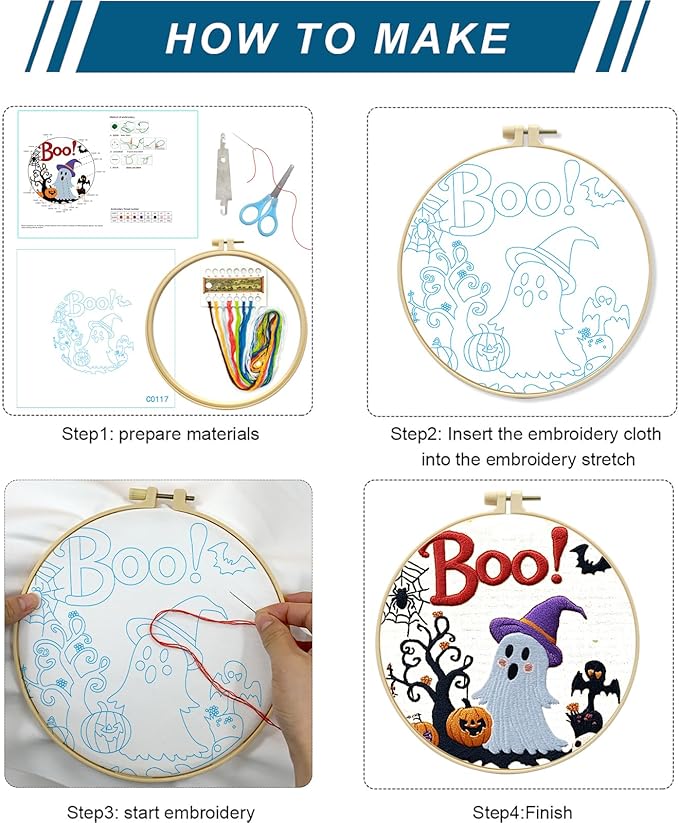Zhenqing Halloween Ghost Embroidery Kit for Beginners - 29x29cm Printed Fabric with Hoop & Full Tools (Witch Hat Ghost & Pumpkin Design) (C0117)