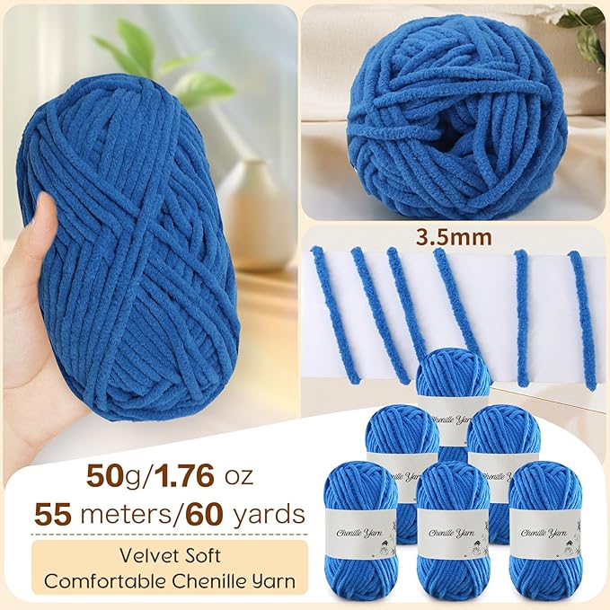 SIMEIQI 6 Pack of 1.76oz Chenille Yarn for Crocheting,60yards Soft Fluffy Velvet Yarn, Ideal Crochet for DIY Baby Blankets Toys Scarves Throw Pillows Hats Cushions(Blue)