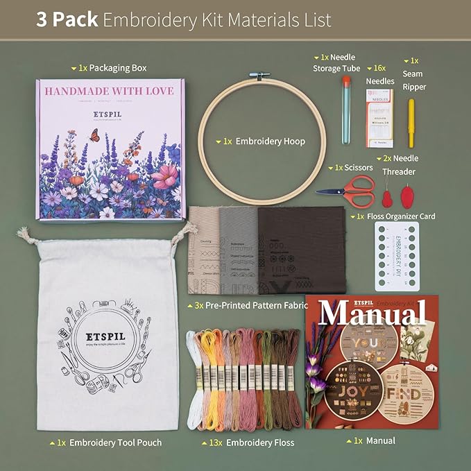 ETSPIL Find Your Joy Beginner Embroidery Kit,3 Pack DIY Starter Kits for Adults with 42 Stitch, Stamped Patterns, Floral Designs, Embroidery Hoop, Colorful Floss, Video Tutorials, and Storage Bag