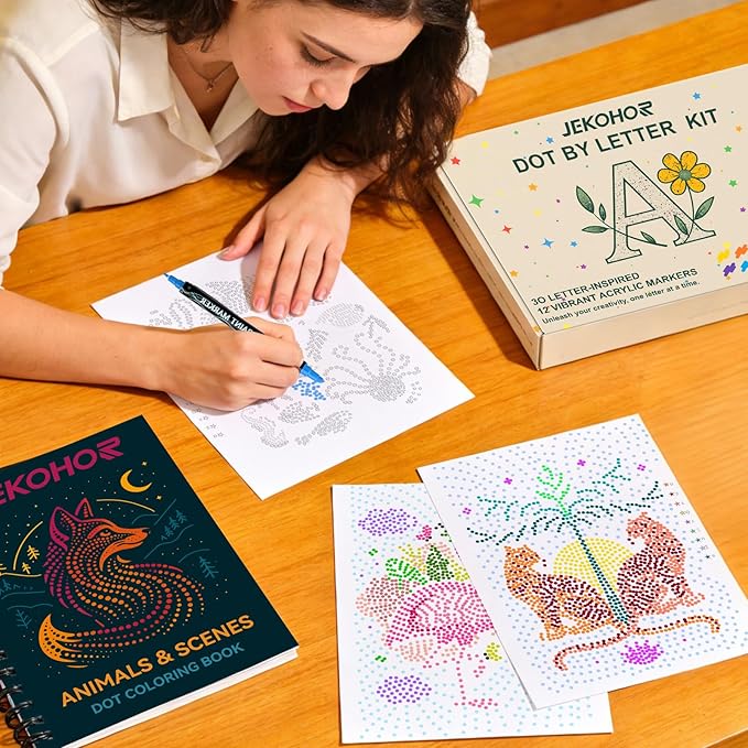 Coloring Book,Animal Dot Art Meditations with 12 PCS Acrylic Markers,Mindfulness Adult Coloring Book-Relaxing,Anti-Stress,30 Patterns Activity Coloring Books for Adults,Dot Art for Adults-Animal Plant