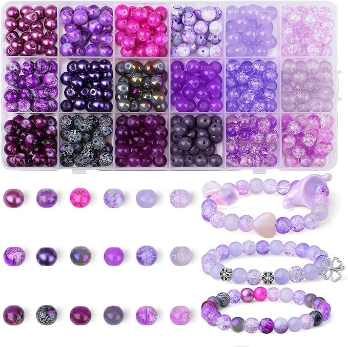DUQGUHO 8mm Purple Beads for Jewelry Making Purple Glass Beads for Bracelets Crystal Glass Round Bead Bracelet Friendship Bead Kit 360PCS