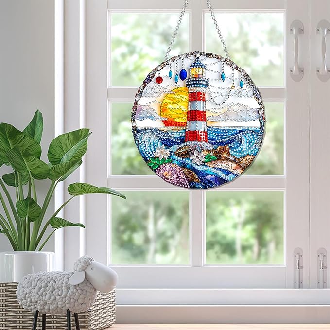 SKRYUIE Lighthouse Hanging Diamond Art Kits for Adults Pendant Suncatcher, Special Shaped Crystal DIY Pearl Diamond Painting Kit, Gift for Mother Spring Summer Window Wreath Decor 3.35 x 3.15 Inch A18