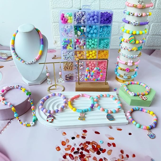 1955Pcs Easter Beads for Bracelets Jewelry Making Kit, Candy Color Assorted Spring Beads Easter Egg Bunny Clay Beads Cute Kawaii Pastel Beads with Easter Charm for DIY Crafts Necklace Earring Phone