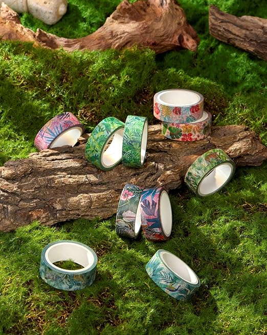YUBX Plants Washi Tape Set in Painting Style 10 Rolls Tropical Rainforest Drawing Masking Animals Graphic Decorative Tapes for Arts, DIY Crafts, Journals, Planners, Scrapbook, Wrapping