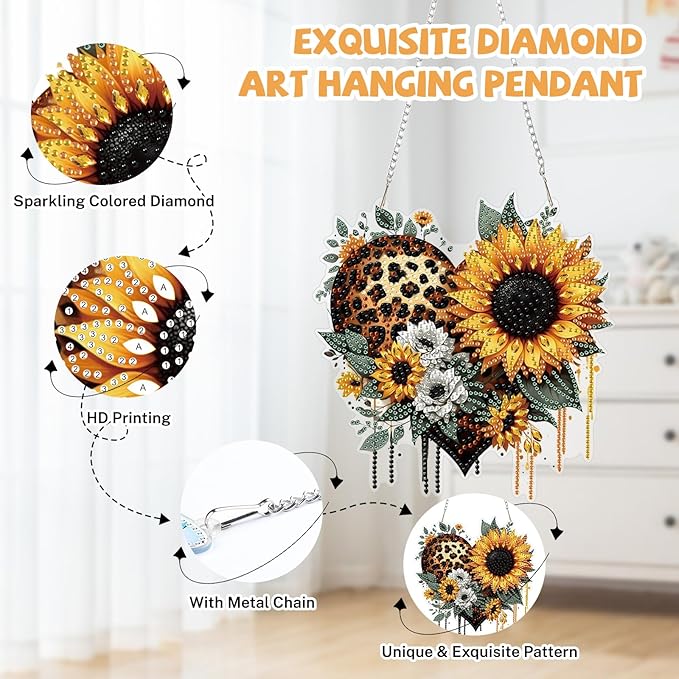 Bowetile Heart-Shaped Flower Diamond Art Hanging Kits for Adults, Diamond Art Suncatchers Sunflowers, 5D Special Shape Diamond Painting Pendant Window Ornament Gifts for Home Wall Decor