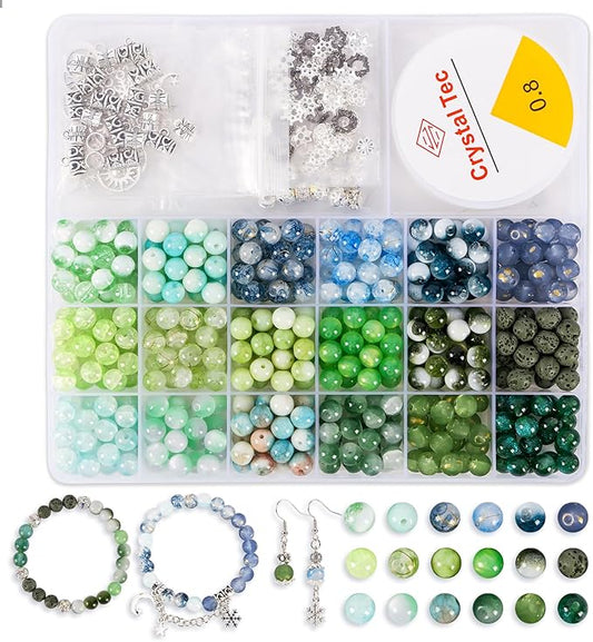 Tunmiok Glass Beads for Jewelry Making Kit with Metal Charms & Crystal String - Includes Spacers, Flower Holders - Bracelet kit, Necklace, Earring Set Supplies for Adults (Green)