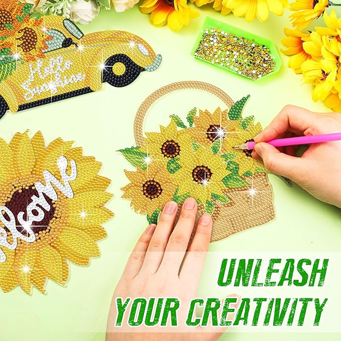 Menkxi 3 Pcs Sunflower Theme Diamond Hanging Kit for Adult DIY Sunflower Painting Diamond Art Flower Crystal Rhinestone Welcome Spring Door Sign Window Wall Hanging Kit Ornament Home Window Decor Gift