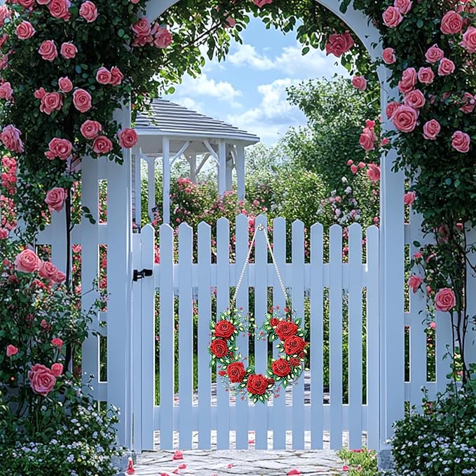 Valentine's Day Diamond Art Hanging Ornaments Kits for Adults, Roses Diamond Painting Pendant Kits, DIY Acrylic 5D Special Shaped Crystal Gem Art Painting Ornament for Home Wall Decor Gift 8x8 Inch