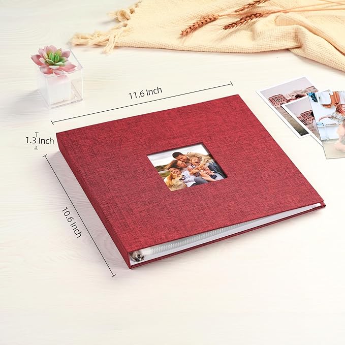 Mublalbum 10x10 Inch DIY Scrapbook Photo Album with 20 Plastic Sleeves 40 Pages Linen Cover 3 Ring Folder Binder for Wedding Baby Family and DIY Projects (Red)