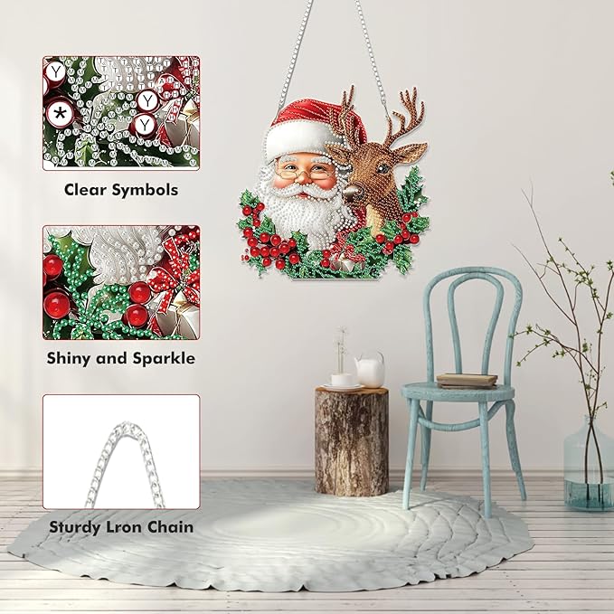 Miwixy Christmas Hanging Diamond Art Kits for Adults, Santa Claus Xmas Deer Special Shaped Diamond Painting Ornament Kit DIY Double-Sided Pattern Window Pendant Gem Art Kit Home Wall Decor
