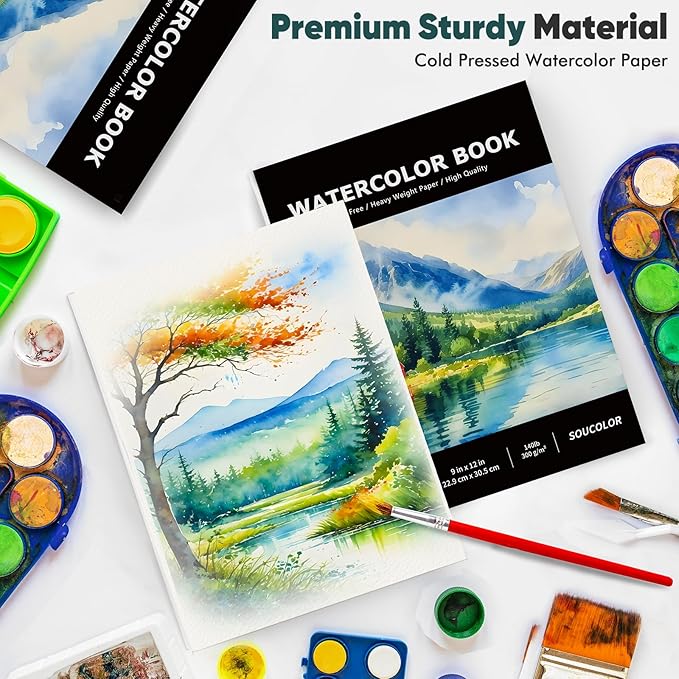 soucolor watercolor paper pad, 9"x12" water color paper, 140lb/300gsm 40 sheets artist painting drawing paper book, art supplies for adults, watercolor paint set, sketchbook, journal, notebook