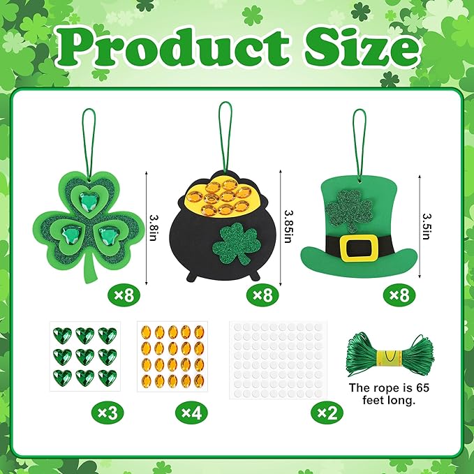 Tlswshsy 24 Pack St. Patrick's Day Rhinestone Foam Craft Kit, Shamrock Gold Coin Pot Hat DIY Ornament, Irish Foam Craft Decoration for Irish Home Party Decoration Supplies Classroom Crafts Project