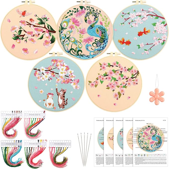 Yinder 5 Sets Floral Embroidery Kit for Beginners Adults Flower Embroidery Starter Cross Stitch Kits with Flower Stamped Patterns and Instructions Include Hoop Threads Needles Fabric for Art Starter