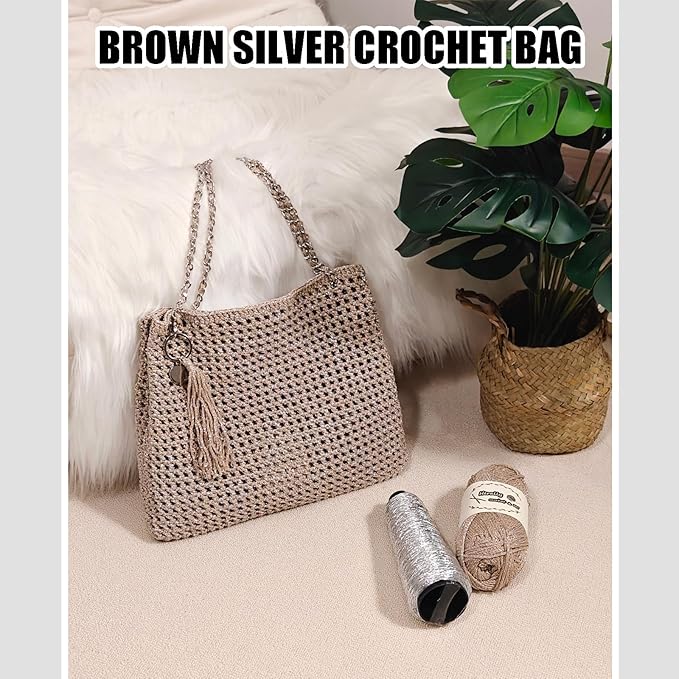 Herally Crochet Kit DIY for Beginners - Include Yarn, Hook and Accessory - with Step by Step Video Tutorials - Shining Tote Bag (Light Brown)