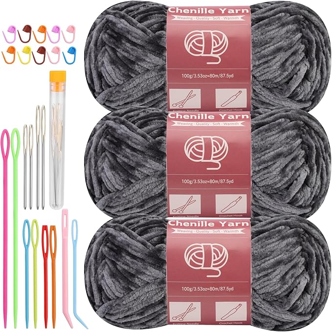 LUNARM Chenille Yarn for Crocheting Knitting, 3 Skein 263 Yard Thick Soft Chunky Fluffy Weaving Plush Yarn for Blankets Clothes Pattern Creations with Big Eye Needles (Dark Gray)