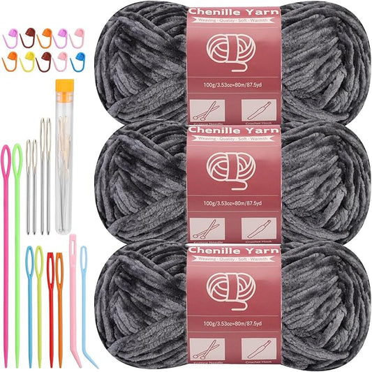 LUNARM Chenille Yarn for Crocheting Knitting, 3 Skein 263 Yard Thick Soft Chunky Fluffy Weaving Plush Yarn for Blankets Clothes Pattern Creations with Big Eye Needles (Dark Gray)