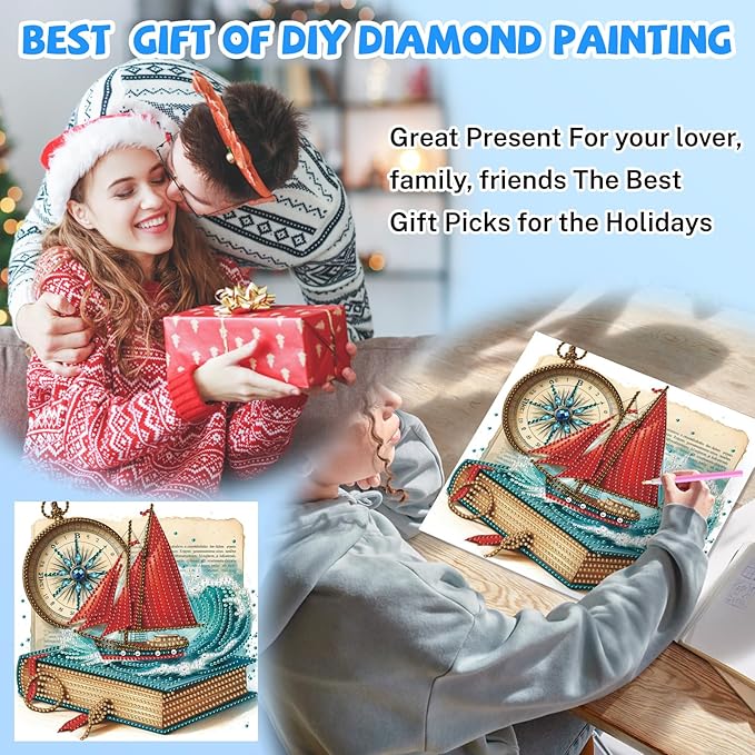 Diamond Art Hanging Kits for Adults, Diamond Art Suncatchers Nautical Adventure with Compass & Book, 5D Special Shape Diamond Painting Pendant Window Ornament Gifts for Home Decor