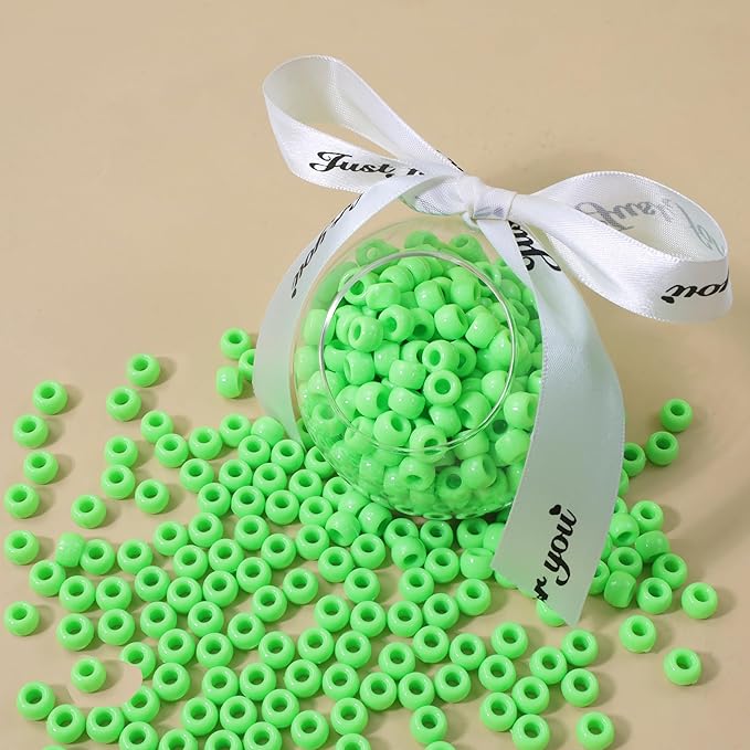 1000 Pc Boxed Fresh Green Pony Beads Bulk, 9MM Plastic Craft Beads with Large Hole, Green Hair Bead for Braids, Bracelet Bead for Jewelry Making