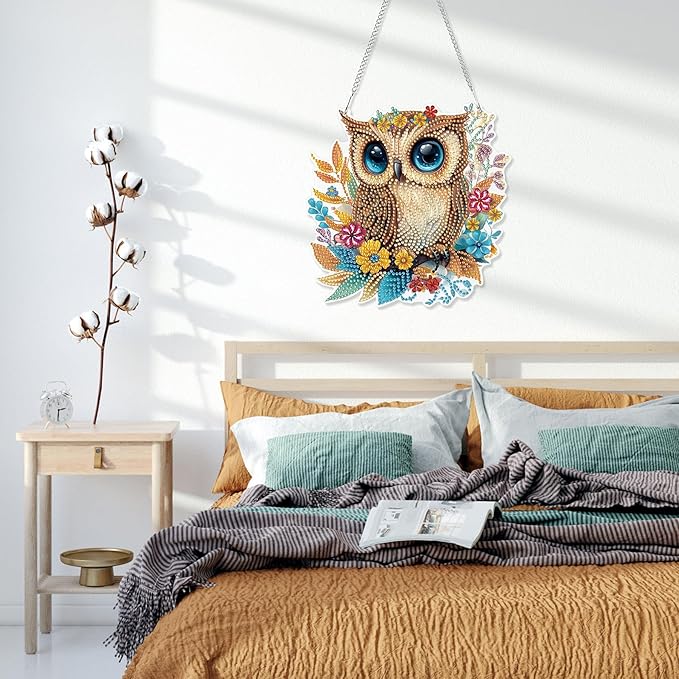 HEIBAGO Owl Hanging Diamond Art Kits for Adults, Fall Special Shaped Crystal Diamond Painting Ornament Kit, DIY Double-Sided Pattern Window Pendant Gem Art Kit for Home Wall Decor 8.3x8.3inch