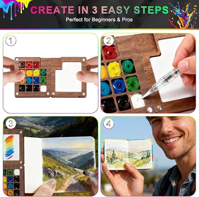 Mini Watercolor Paint Set,24 color Paints, 15 Grids Portable Wooden Travel Palette, Sketchbook & Copper Clip, Metal Clip –For Beginners, Artists & Painting Enthusiasts