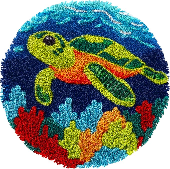 Latch Hook Rug Kit Cute Green Sea Turtle Easy for Beginners Round Shape Carpet Crochet Yarn Craft Mini Rug DIY Hook and Latch Little Tapestry for Home Decor 30x30cm-5